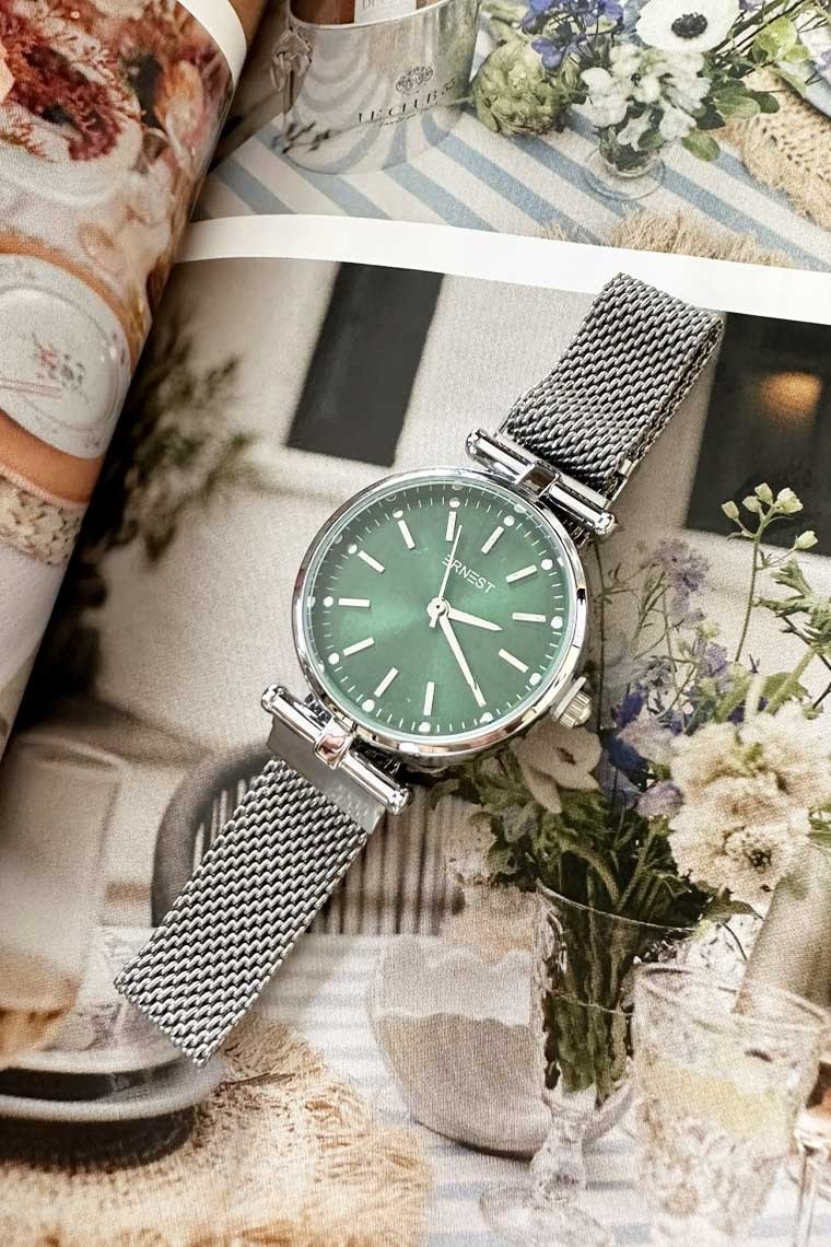 Ernest horloge "Metal Magnet Monique" zilver-smaragd