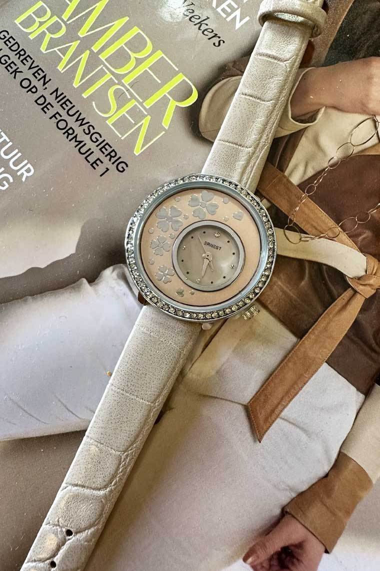 Ernest horloge "Silver Flowers" beige